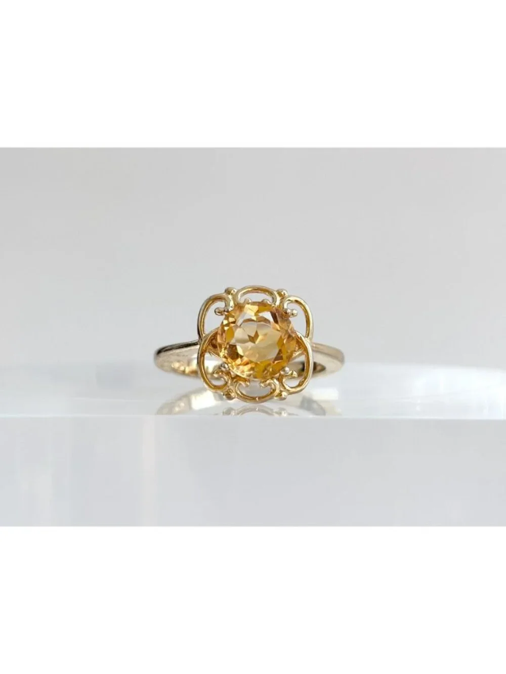 Gold Overlay Citrine Gemstone Solitaire Sterling Silver 925 Vintage Ring - sz 7
